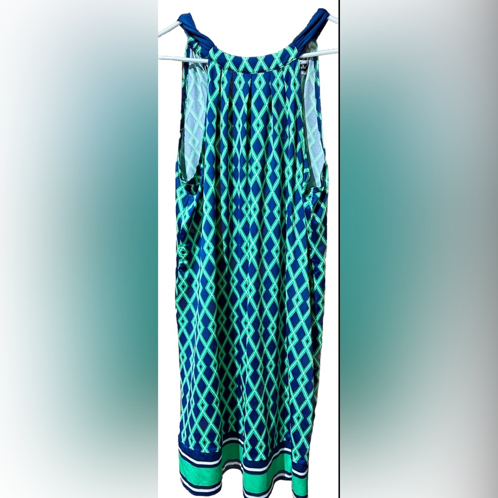 Mud Pie Shift Halter Dress Women’s Size Large Blue Green Print Tie Back Neckline